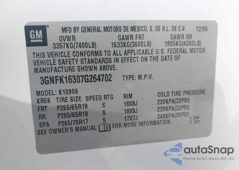 2007 Chevrolet Suburban 1500 Lt from USA, damaged, VIN 3GNFK16307G264702